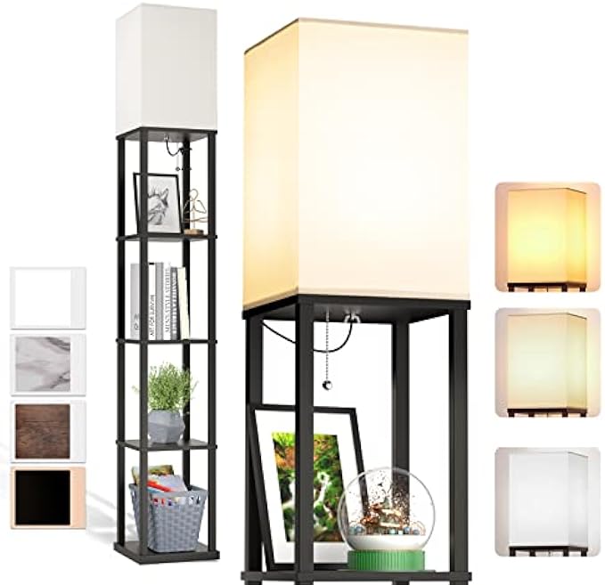 addlon LED Modern Shelf Floor Lamp with White Shade and LED Bulb, 5 Tier Display Floor Lamp with Shelf for Living Room, Bedroom and Office - Black