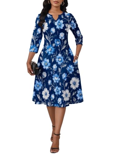 Image of PinkPatty Women's Casual 3 /4 Sleeve Midi Dresses Fit and Flare Church Work Dress with Pockets