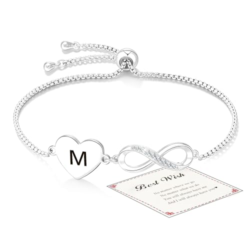 Image of Smilya 925 Silver Bracelet for Women Girls Adjustable Inital Letter Bracelet Infinity Name Friendship Bracelets Birthday Gifts for Girls Daughter Sister Friends Jewellery