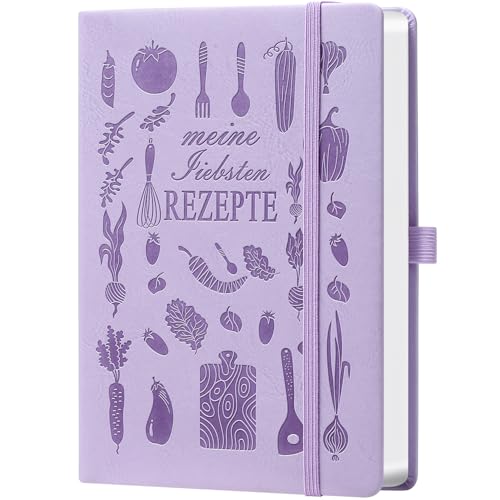 Rezeptbuch A5 zum Selberschreiben – Meine Lieblingsrezepte – DIY Koch- & Backbuch zum Ausfüllen – Hellviolettes Küchen-Design, 120g Papier (14,5 x 21cm) – Ideal zum Verschenken an Kochliebhaber
