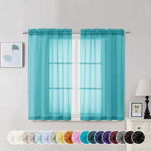 Image of Chyhomenyc Turquoise Sheer Curtains 45 Inch Long 2 Panels, Light Filtering Rod Pocket Voile Short Curtains Drapes for Living Room Bedroom Small Windows, 42Wx45L Inches
