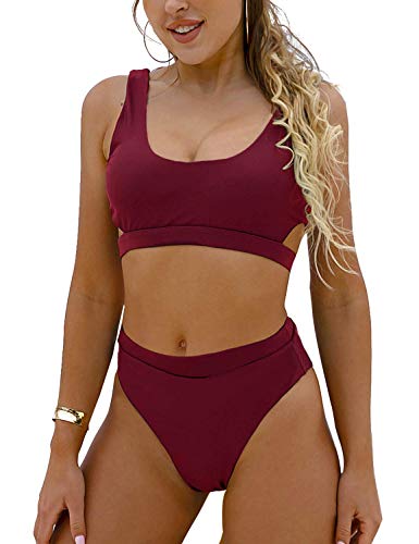 Blooming Jelly Women s High Waisted Swimsuit Crop Top Cut Out Two Piece Cheeky High Rise Bathing Suit Bikini (Small, Red, s)