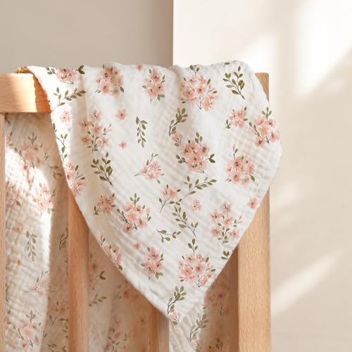 Image of lulumoon Muslin Swaddle Blankets for Baby: 100% Cotton Receiving Blankets | Breathable Wrap for Newborn Swaddling - Nursery Gift for Baby Girls (Pink Apple Flower)