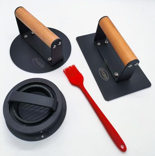 JNXHON Kitchen Tools Smash Burger Press Suit,3 in 1 Hamburger Patty Storage Container,Burger Press.Bacon Press and Sauce Brushes (Black Round+Rectangle)