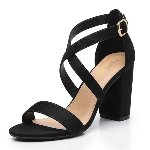 Image of Trary Women's Block Chunky Heel Sandals for Women Open Toe Adjustable Cross Ankle Strap Dress Shoes Walking Wedding Evening Bridal Heels