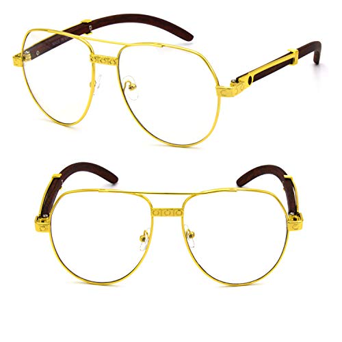 Image of TZ Promise For Men's Gold Color Wood Effect Metal Frames Vintage Style Retro Eye Clear Lens Glasses
