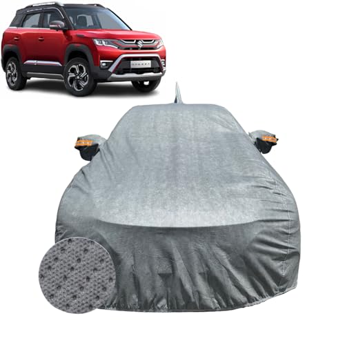 Image of Car Cover For Maruti Suzuki Brezza (2022-2026) | 100% Waterproof Cover with Antenna & REFLECTIVE Mirror Pockets | Dustproof, Scratchproof, Heatproof Brezza Car Cover |Soft Cotton Lining| GREY