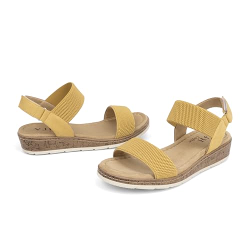 Image of VJH confort Women's Flat Sandals Open Toe Elastic Ankle Strap Slip on Comfy Low Wedge Sandals