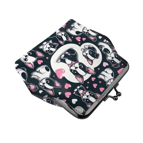 Pu Leather Buckle Coin Purse Puppy-Boston-Terrier-Love Girls Kiss-Lock Change Purse Wallets3