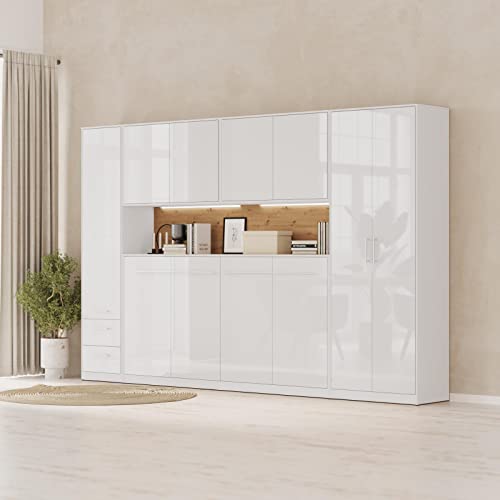 SMARTBett Wohnwand Schlafzimmer Jugendzimmer Gästezimmer Set mit Schrankbett 90x200 + 4 Schränke Weiss/Weiss Hochglanz/Wildeiche