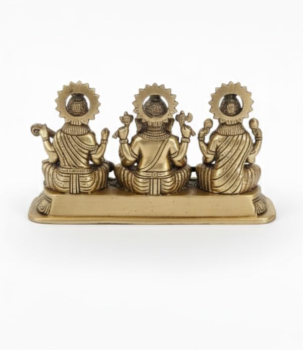 Estatua tradicional de Lakshmi Ganesh Saraswati en latón con acabado antiguo miniatura 5