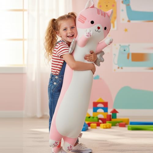 Image of Long Cat Plush Pillow, Cute Cat Stuffed Animal Body Pillow with Wings, Soft Kawaii Kitty Hugging Pillow, Christmas Valentine's Birthday Gift for Kids Girls Boys (Pink, 110cm /43.31in)