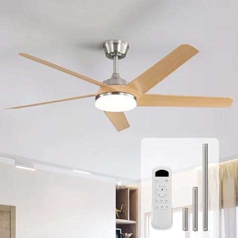 Sofucor 52 Inch Ceiling Fans with Lights and Remote Control-Modern Outdoor 5 ABS Blades Ceiling Fan, Dimmable 3-Color LED,Quiet DC Motor for Bedroom/Farmhouse/Indoor,Brushed Nickel&Natural Wood Cover