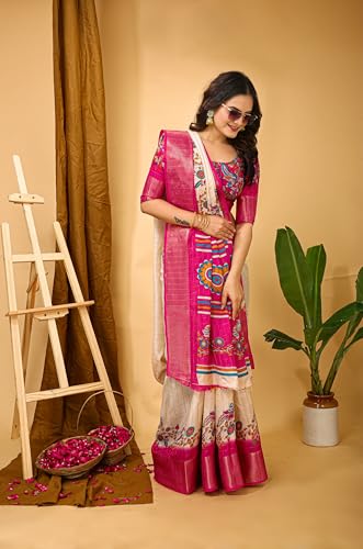Image of Amazon Brand - Tavasya Women's Soft Dola Cotton Kalamkari Printed Saree with Jacquard Kanjivaram Zari Border & Pallu | Elegant Traditional Saree with Matching Printed Blouse Piece