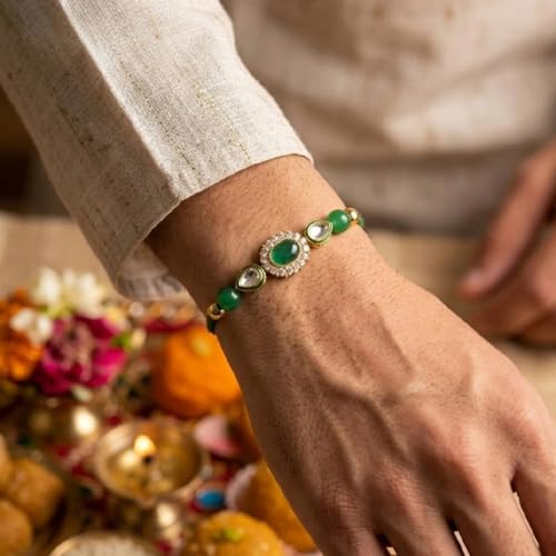 Image of Elegant Traditional Gold Plated /Rakhi Combo Of 1 Piece for Men and Women /brother /sister /bhabhi Kundan Stone combo set (Same as Shown In Image)