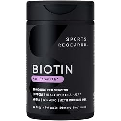 Sports Research® Biotin 10,000mcg w/Coconut Oil, 30 Count Plantgels™ | Max Strength Vegan Biotin (Vitamin B7) for Healthy Skin and Hair Support | Non-GMO, Gluten & Soy-Free, 30 Servings