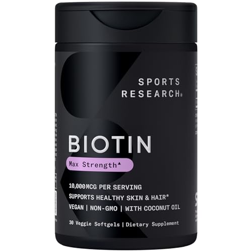Sports Research® Biotin 10,000mcg with Organic Coconut Oil – Biotin (Vitamin B7) for Healthy Skin and Hair Support* – for Women and Men – Vegan, Non-GMO, Gluten & Soy-Free – 30 Veggie Softgels