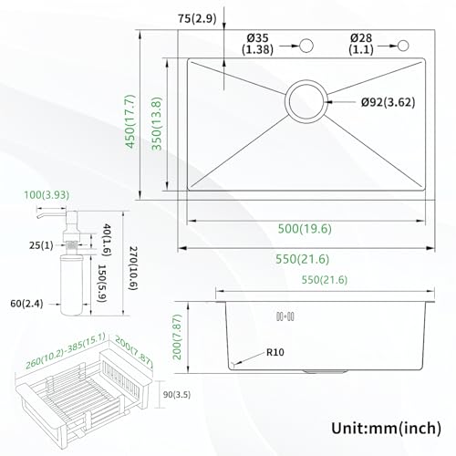 Spülbecken Küche Waschbecken Multifunktionale Küchenspüle Edelstahl mit Ausziehbarer Armatur Seifenspender Reinwasserauslauf und Abtropfgestell Gebürstetes Nickel 55 * 45 * 20 cm 1 Becken