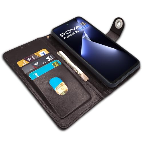 Image of Pikkme Tecno Pova 5 / Tecno Pova 5 Pro 5G Flip Cover Leather Finish | Inside TPU with Card Pockets | Wallet Stand and Shock Proof | Complete Protection Button Flip Case (Coffee)