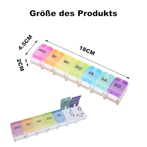 Tablettenbox 7 Tage, Medikamentenbox 7 Tage, Pillendose 7 Tage Fächer, leicht zu öffnen, mit Wochentagen auf Deutsch Medikamentenbox