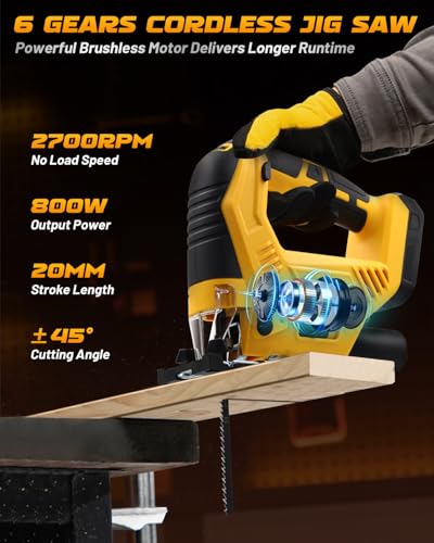 Cordless JigSaw Compatible with Dewalt 20V MAX Battery, 6 Variable Speed, 4 Orbital Settings, Bevel Angle (0&deg;-45&deg;), LED Light, Brushless Jig saw for Straight/Curve/Bevel/Circle Cutting (Tool Only)