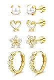 Roheafer 4 Pares Pendientes Mujer Acero Inoxidable Pequeños Pendientes Hipoalergenicos Conjunto Aros y Tachuelas CZ Corazón Flor Cartílago Tragus Helix Piercing Oreja Aretes(Clear)