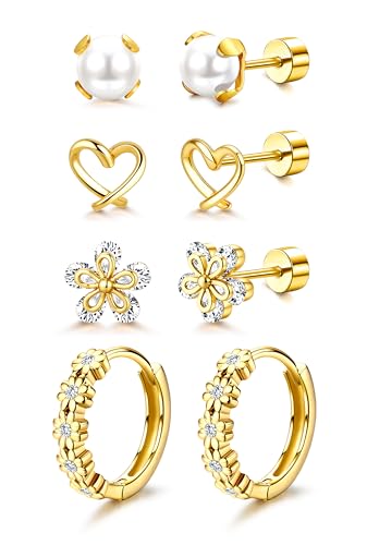 Roheafer 4 Paires Boucles d'Oreilles Femme Acier Inoxydable Hypoallergéniques Ensemble Clous...