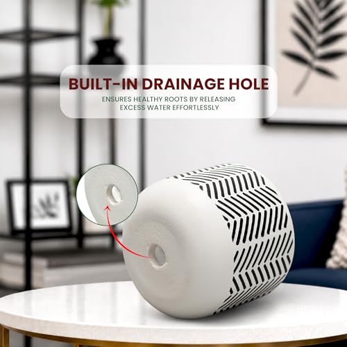 Image of Urban Plant White Chevron Handcrafted Terracotta Planter | Monochrome Indoor Clay Pot for Living Room | Artisan Decorative Flower Pot | Modern Minimal Home Decor | Drainage Hole | 4-6 Inch