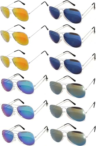 Wholesale Bulk Aviator Silver Metal Frame Sunglasses Mirrored Lens Blue Blue-Green Red Yellow -12 Pairs OWL ®
