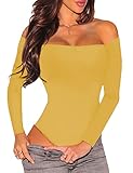 Lrady Womens Long Sleeve Bodysuits Off the Shoulder Body Suits Tops Blouse Yellow M