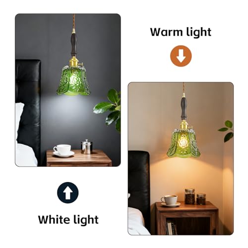 BBLLWJ Modern Green Pendant Light Brass Finish Hanging Lamp Fixture with Patterned Glass Shade & Walnut Wood Accent Vintage Hanging Lamp for Kitchen Island Dining Room Bedroom (3 Pack) by BBLLWJ - Used condition - Image 7