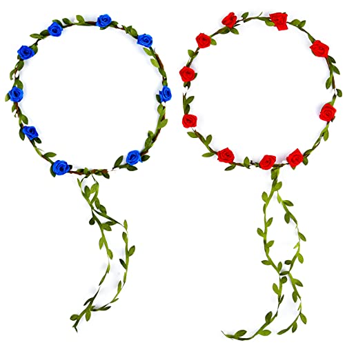 PLULON 2Pcs Flower Crown Headband Women Garland Headband Hair Floral Wreath Boho Headpiece for Girls Wedding Festival Hair Accessories (Red+Blue)