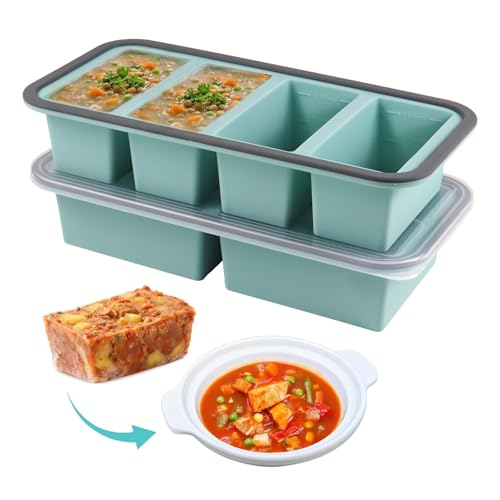 DRADERCH 2 Stück Silikon Gefrierform 2000ml Extra Große Einfrieren Behälter mit Deckel Gefrierbehälter Souper Cubes Set Eiswürfelform Silikon für Suppe Brühe Sauce Eiswürfel BPA-free(4+2 Kavität)