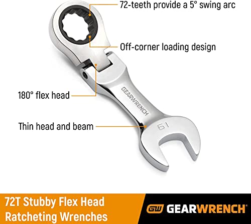 GearWrench 7 Pc. 12 Pt. Stubby Flex Head Ratcheting Combination Wrench Set, SAE - 9570, Silver - Image 2