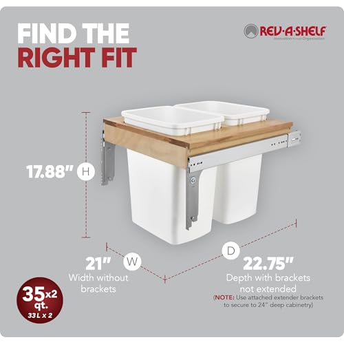 Image of Rev-A-Shelf Double Top-Mount Pullout Trash Can, Min Opening 21 inch W, 35 Qt