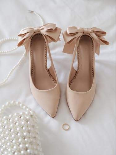 Image of Coutgo Womens Slingback High Heels with Bow Closed Pointed Toe Wedding Bride Dress Shoes Satin Pumps