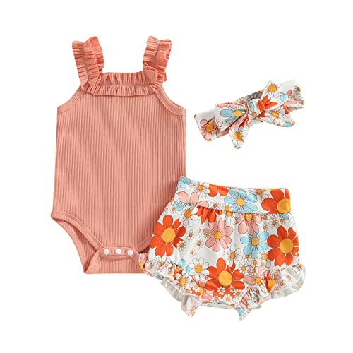 Image of fhutpw Baby Girl Clothes Summer Cute Outfits 3 6 12 18 Months Spaghetti Strap Romper & Floarl Shorts Sets