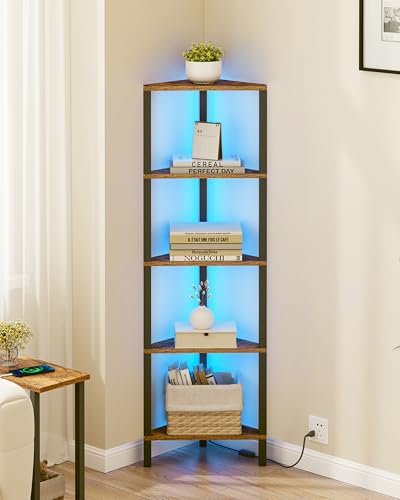 TUTOTAK Corner Shelf with LED Light 5-Tier Corner Bookshelf for Small Space Narrow Display Corner Shelf Stand with Storage Rack for Living Room bedroom Rustic Brown BS05BB005LEU