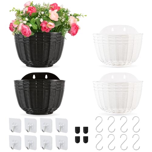 MOAMUN 4 Macetas Colgantes Exterior con Drenaje y 16 Ganchos, Semicírculo Maceteros Exterior Durable para Balcón Valla Jardín Interior Decoración (Blanco Negro)