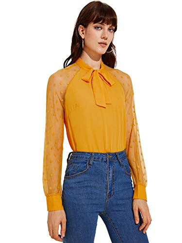DIDK-Damen-Blusen-Stehkragen-Chiffonbluse-Oberteil-Tunika-Netz-Aermel-mit-Schleife-Langarm-Bluse-Shirts-Elegant-Tops-Basic-Hemd