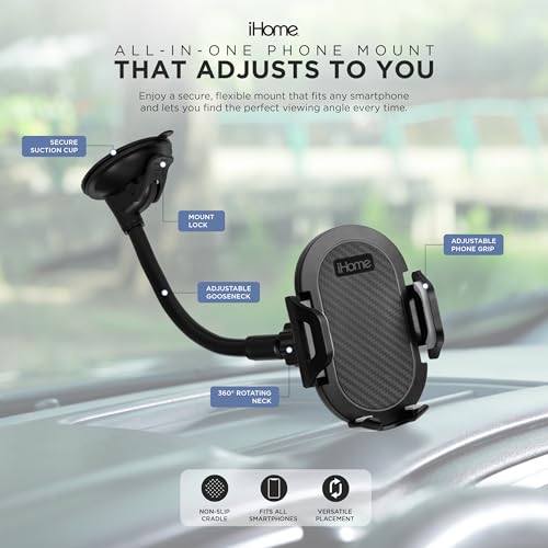 Image of iHome Car Mount, Dashboard /Windshield /Vent Mount, Swivel Neck, Silicone Grip, Adjustable Mount Arm with Suction Cup Base (Gooseneck Car Mount)