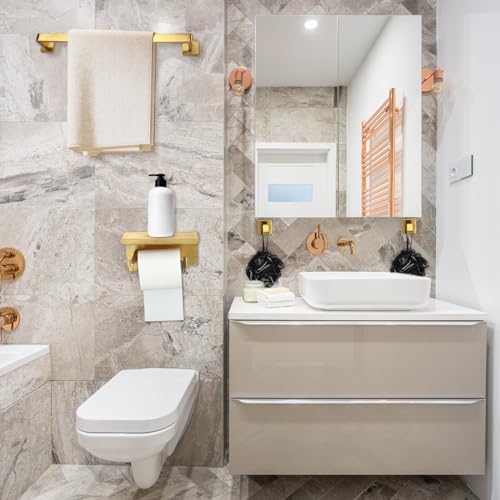 Image of 10 Pcs Bathroom Accessories Set, 24 Inch Bathroom Hardware Set, Stainless Steel Bath Towel Bar, Towel Racks, Robe Hook, Toilet Paper Holder with Phone Shelf Wall Mounted for Gifts (Gold)