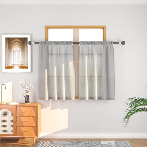 UPOPO Grey Tier Curtains Sheer Linen Textured 36 inches Short Small Mini Farmhouse Vintage Kitchen Cafe Curtains Over Sink Rustic Cabinet Caravan Door Bathroom 2 Panelss Rod Pocket 34"x36"