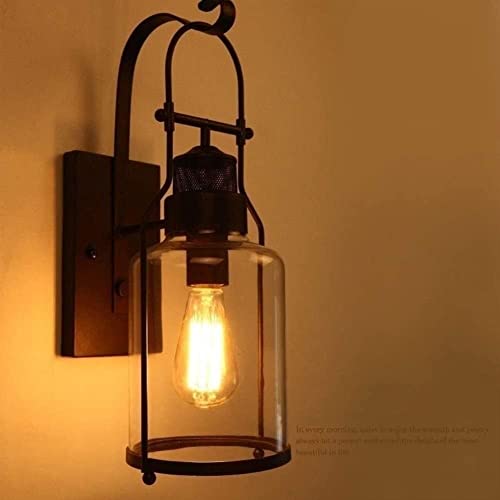 Lámpara de pared de vidrio americano, apliques de pared Compatible with balcón, pasillo, estilo retro, de hierro, Compatible with interior de granja, con montaje artificial, luz de farol de pared, foc