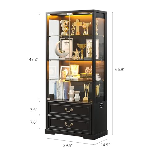 TAGELIER 67\" Tall Display Cabinet with Glass Doors and 2 Drawers, Adjustable Glass Height Bookcase, Curio Cabinet with 3 LED Lights and Human Body Sensor (Black)