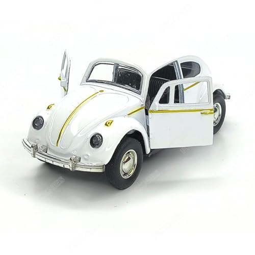 Image of Classic Vintage VW Beetle Diecast Metal Pullback Toy car with Openable Doors for Kids | 1:36 Scale Model | Pull Back | Gift for Boys Girls (White)