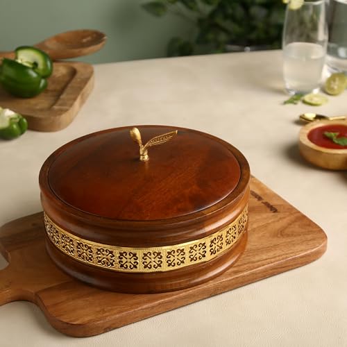 Image of Handcrafted Premium Wooden Roti Casserole, Roti Box, Chapati Box, Hotpot roti Box with Gold Leaf Knob with Lid (9x9x4 Inch)