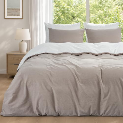 Duvetnova Bettwäsche 200x220 Leinen/Weiß 3 teilig,Superweiche 100% Vorgewaschene Baumwolle ÖKO-TEX Hochwertige 1 Bettbezug 200x220+2 Kissenbezüge 80x80 Reißverschluss