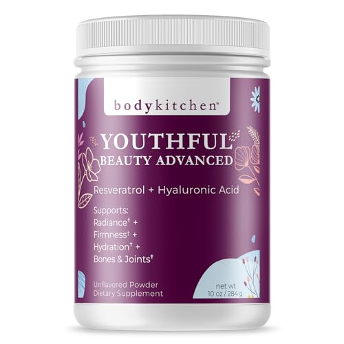 Body Kitchen Youthful Beauty Advanced, Collagen Peptides Powder for Beautiful Hair Skin Nails, Resveratrol and Hyaluronic Acid for Anti-Aging & Antioxidant Support, Grass Fed (Pack of 1)