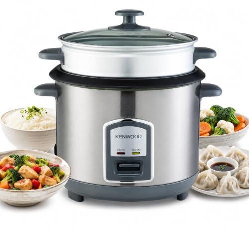 KENWOOD 2-in-1 Rice Cooker 1.8 L 10-Cups Rice with Food Steamer Basket Non-Stick Cooking Pot Tampered Glass Lid Warm/Cook Lights Spatula Holder Detachable Cord RCM19.000SS Silver